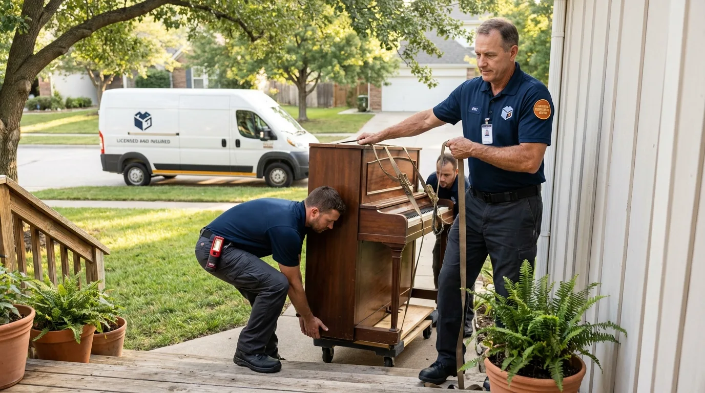 Licensed piano movers securing grand piano in Dunkirk, NY